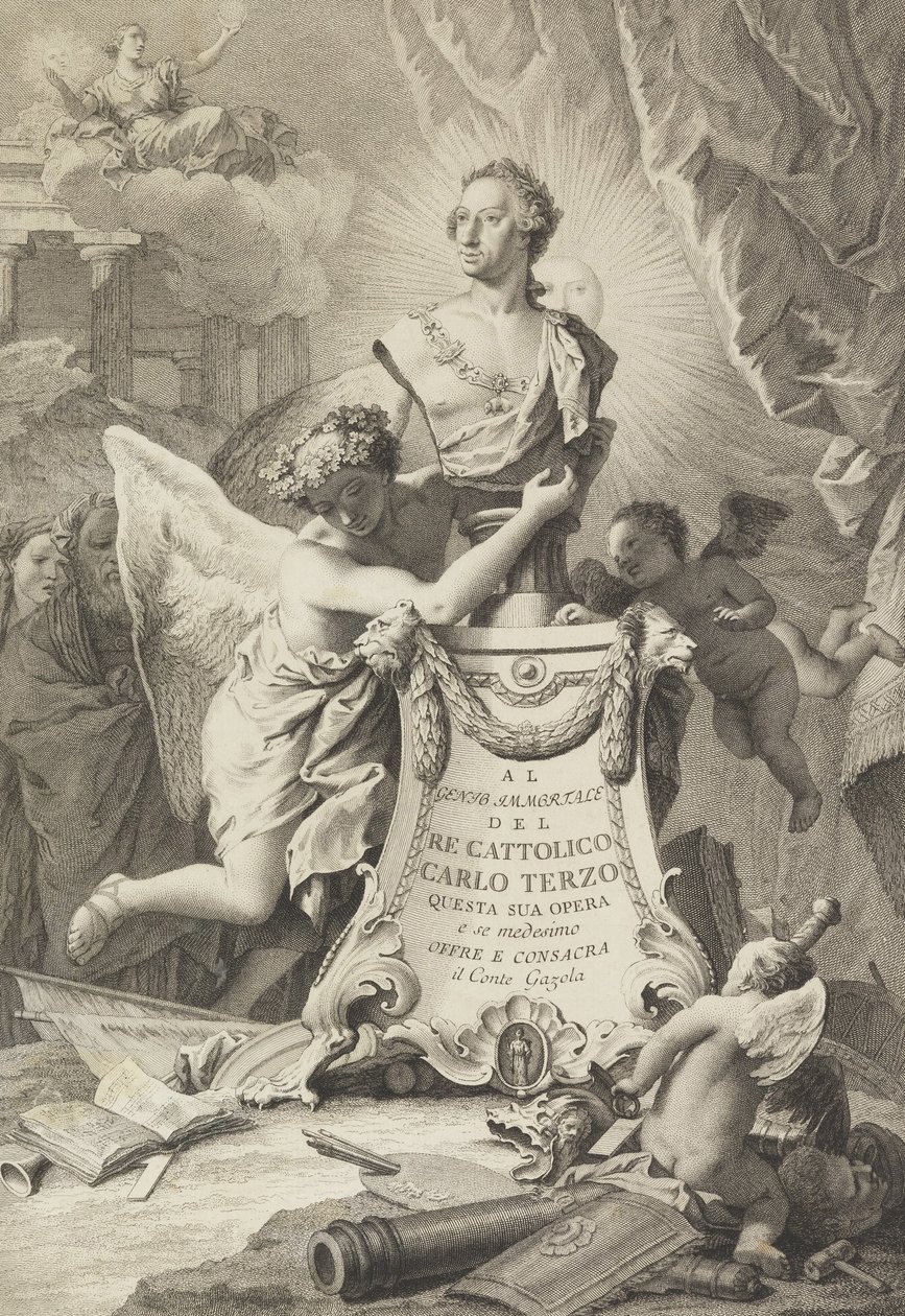 Página de dedicación a Carlos III de España y las Dos Sicilias, frontispicio para Paolantonio Paoli, Ro... de Giovanni Battista Tiepolo
