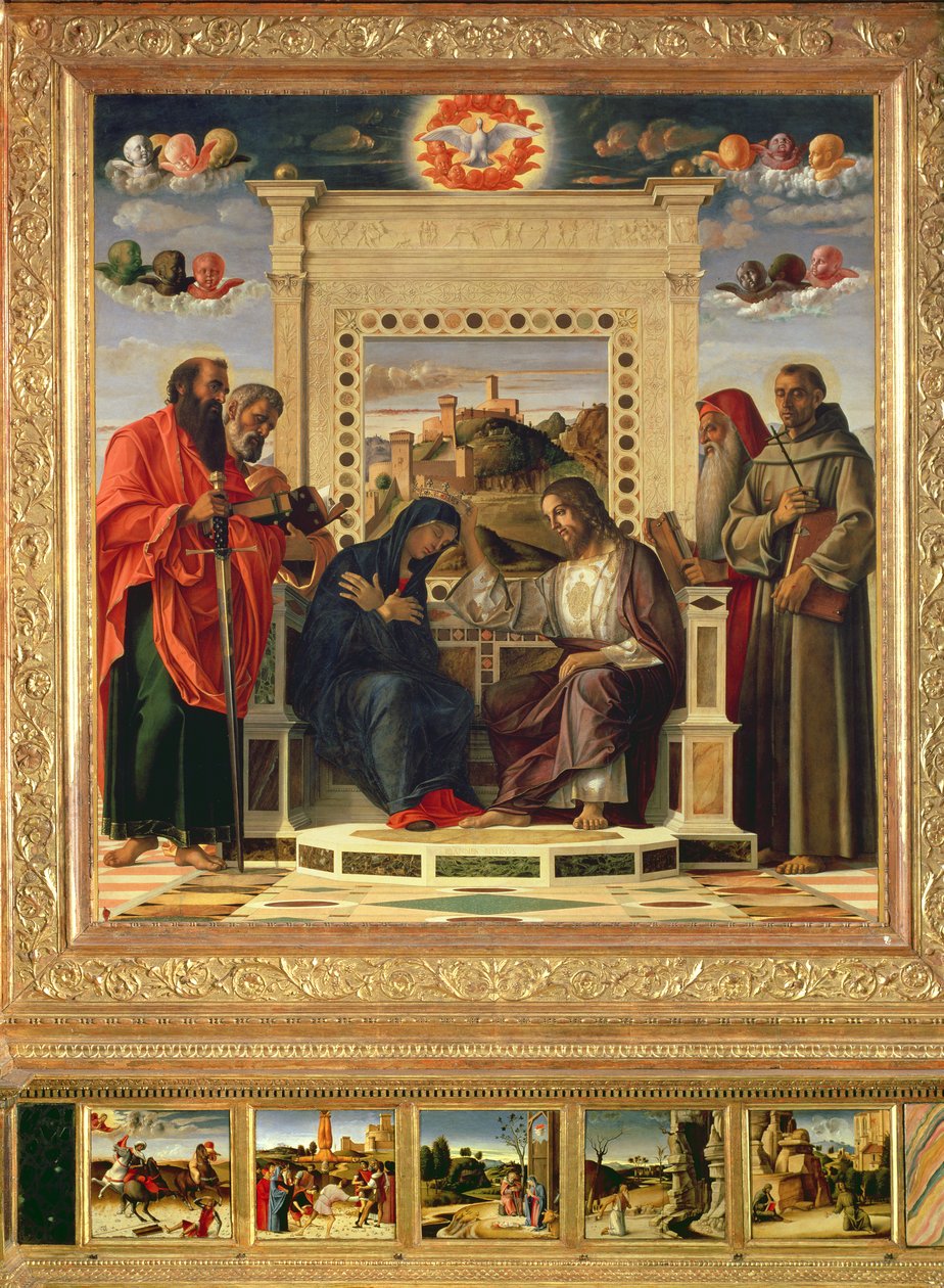 Coronación de la Virgen con SS. Pablo, Pedro, Jerónimo y Francisco de Asís con escenas de las vidas de los santos en el panel predela, conocido como el retablo 