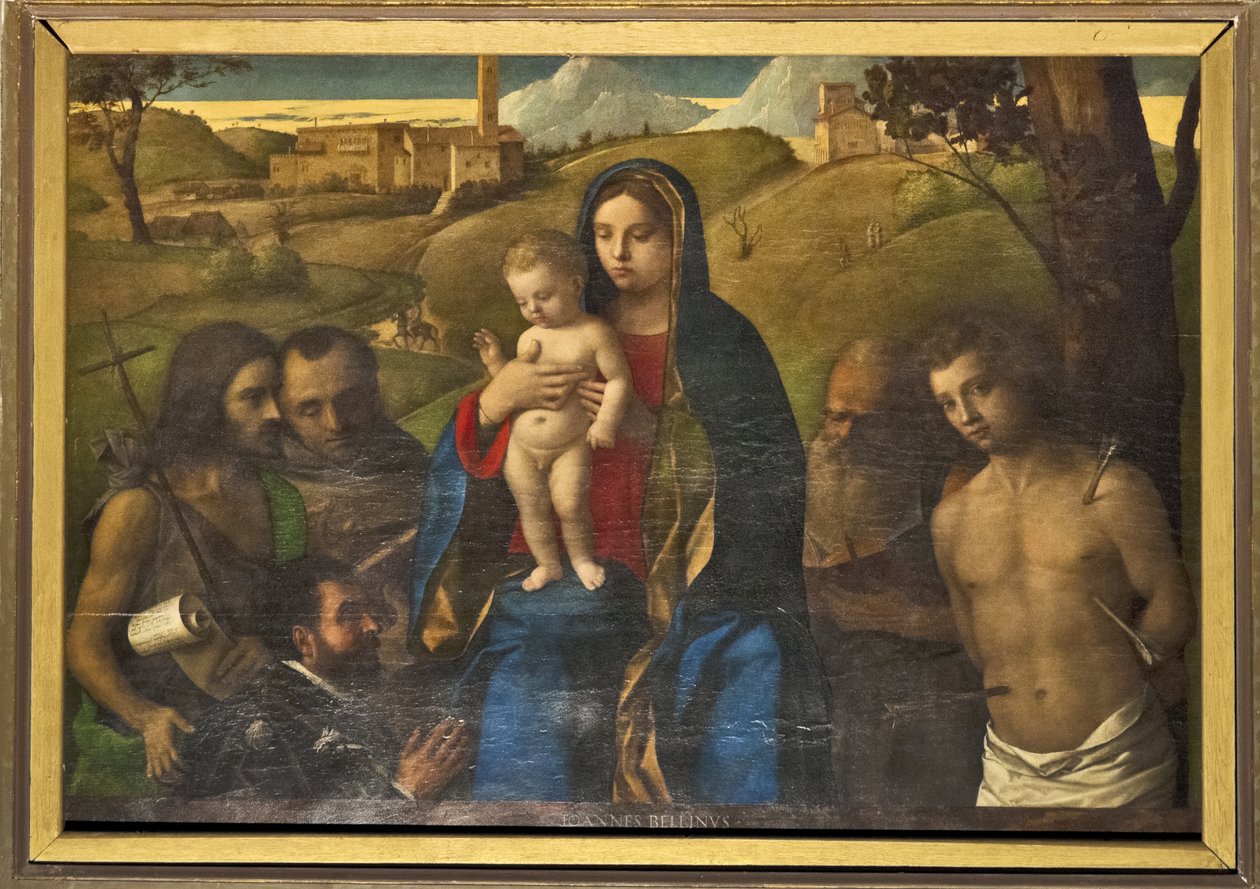 Madonna y el Niño con cuatro santos (Juan Bautista, Francisco, Jerónimo y Sebastián (de izquierda a derecha)) y donante de Giovanni Bellini