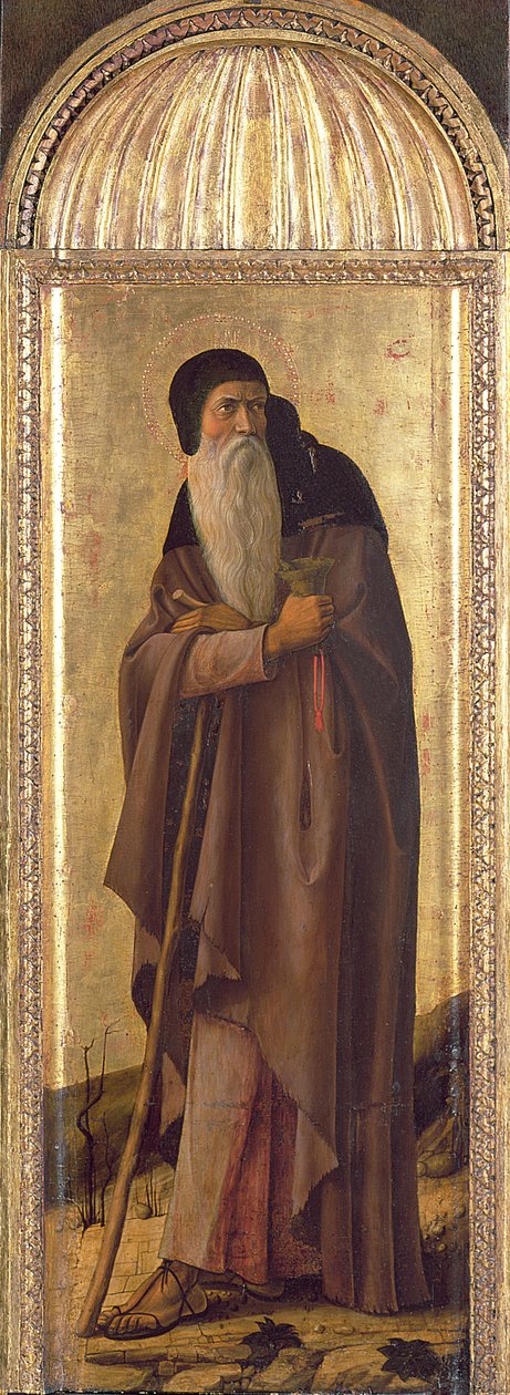 San Sebastián entre San Juan Bautista y San Antonio Abad, en la luneta Eternidad y la Anunciación (detalle) de Giovanni Bellini