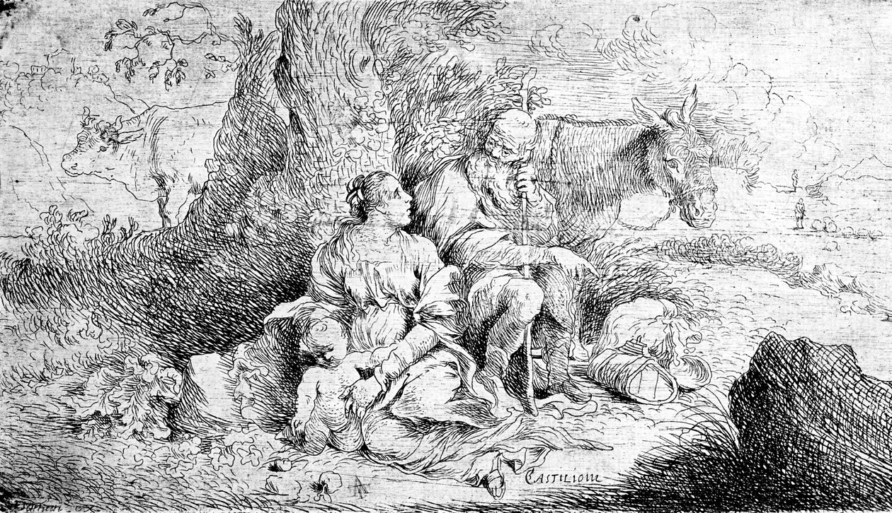 El descanso en la huida a Egipto, grabado por Antonio Travi de Giovanni Benedetto Castiglione