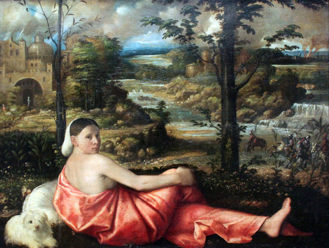 Retrato de una joven descansando en un paisaje de Giovanni de Busi Cariani