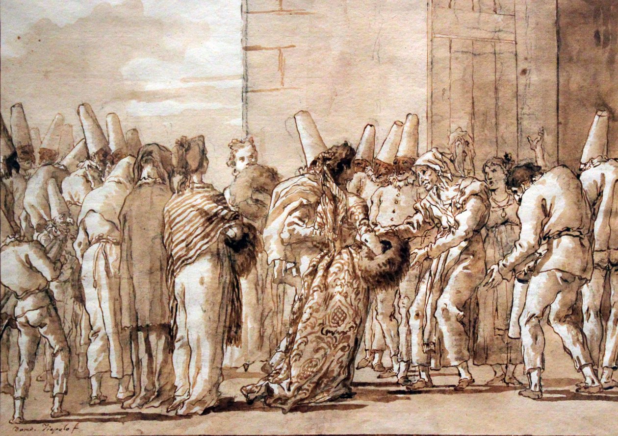 El padre de Pulcinella lleva a su novia a casa de Giovanni Domenico Tiepolo