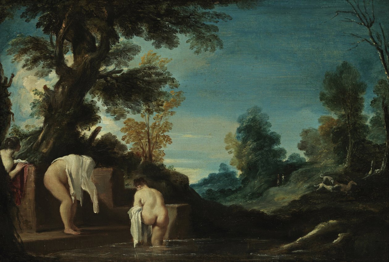 Paisaje con mujeres bañándose de Giovanni Francesco Barbieri