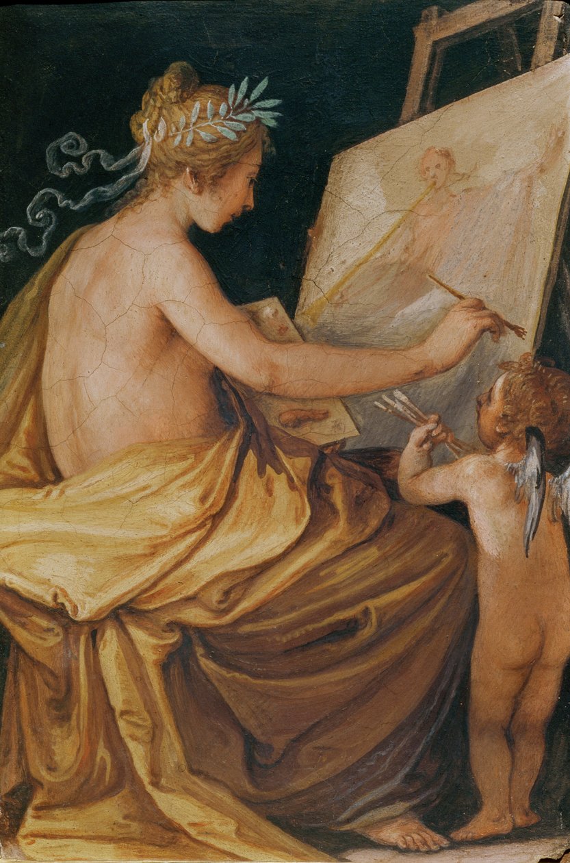 Pintura, asistida por un querubín, que representa la Fama de Giovanni Mannozzi