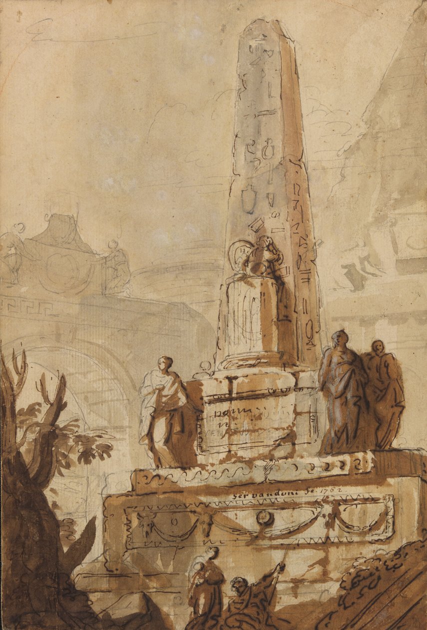 Obelisco egipcio en un paisaje con ruinas, un arco y una pirámide de Giovanni Niccolo Servandoni