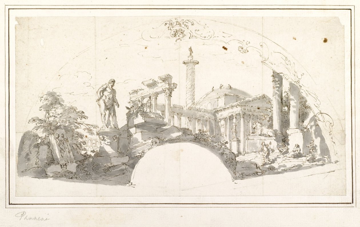 Diseño para un abanico - Capricho con ruinas romanas y el Hércules Farnesio de Giovanni Paolo Pannini