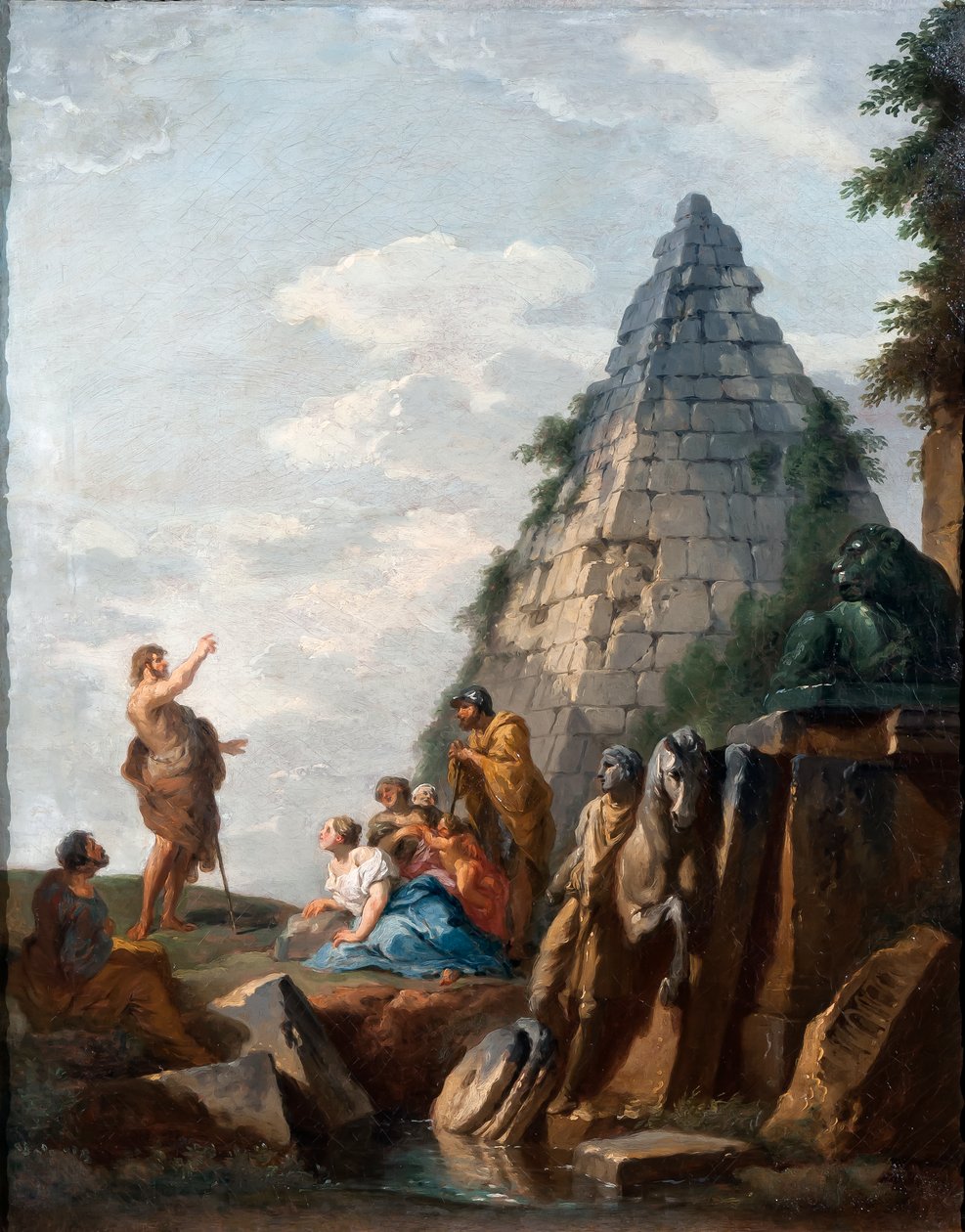 Capricho con la predicación de San Juan Bautista, la Pirámide de Cestio y otros monumentos clásicos de Giovanni Paolo Pannini