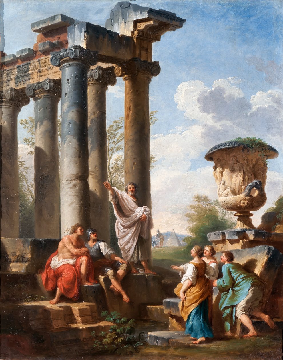 Capricho con la predicación de un santo, el jarrón Medici, un templo en ruinas y la Pirámide de Cestio, c.1745 de Giovanni Paolo Pannini