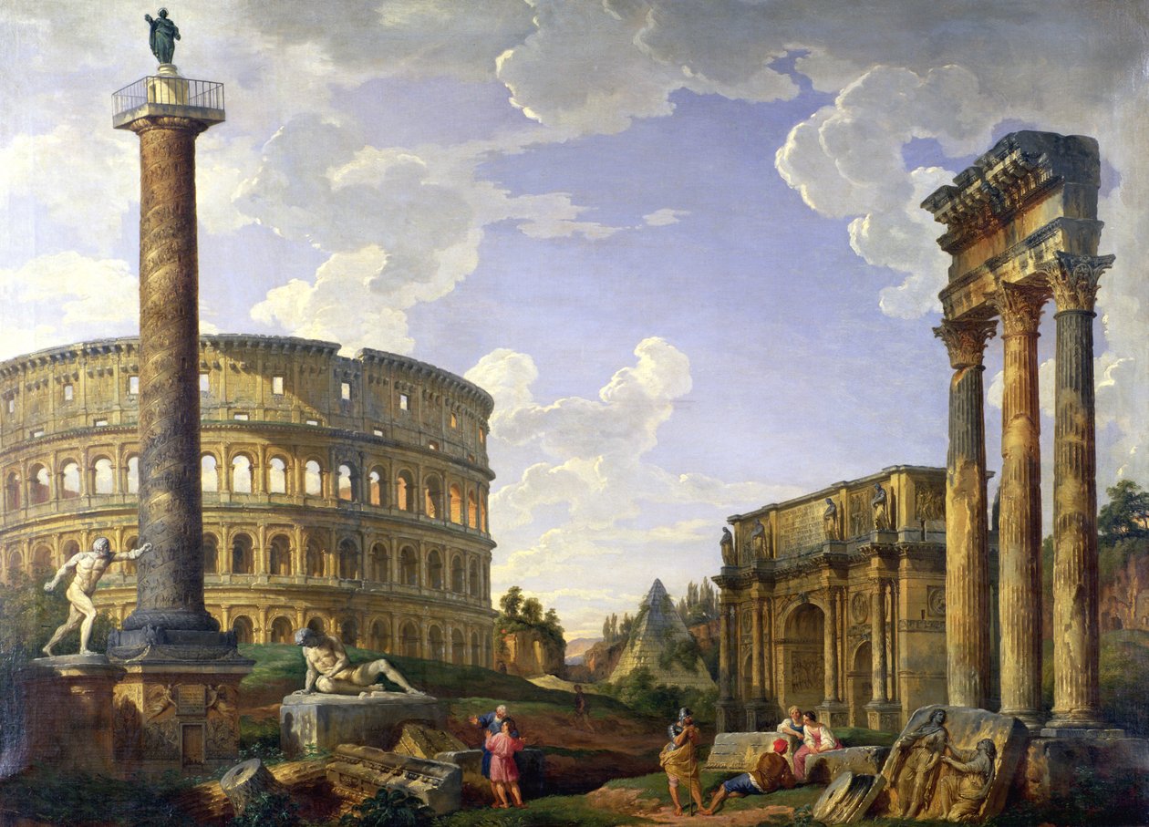 Capricho romano mostrando el Coliseo, Guerrero Borghese, Columna de Trajano, el Gálata Moribundo, Tumba de Cestio, Arco de Constantino y el Templo de Cástor y Pólux de Giovanni Paolo Pannini