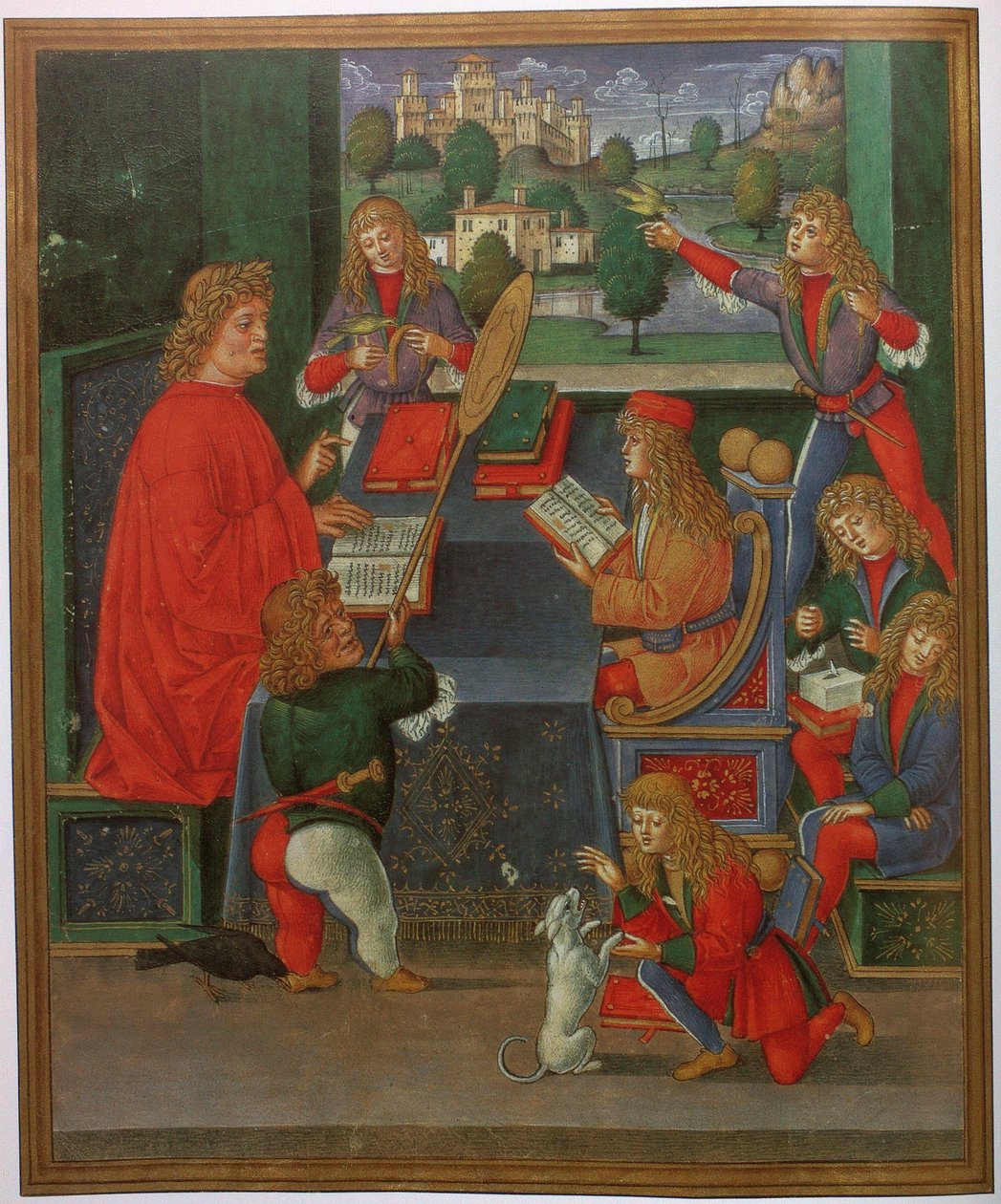Massimiliano Sforza como alumno con su maestro Gian Antonio Secco de Giovanni Pietro da Birago