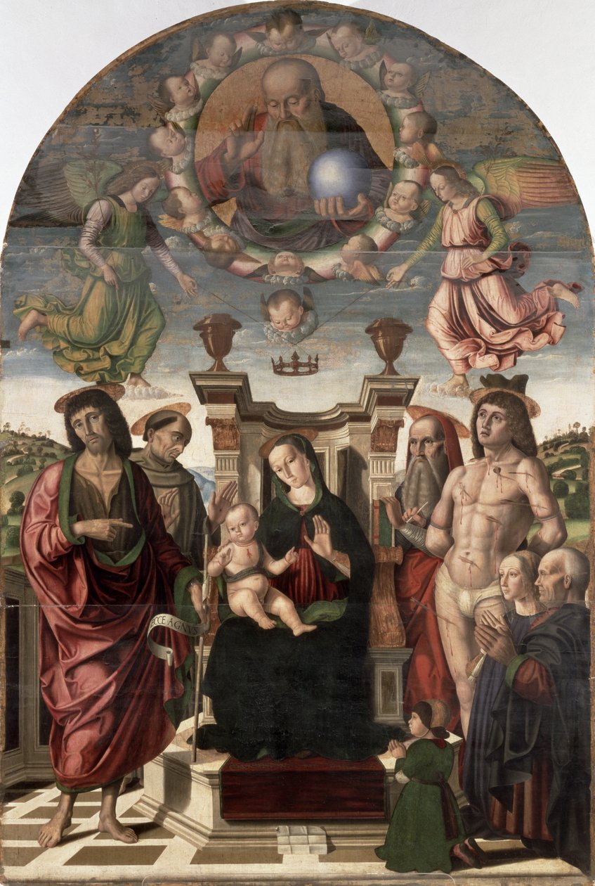 La Madonna y el Niño entronizados con santos de Giovanni Santi or Sanzio