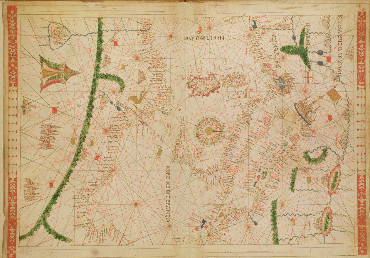 El Mediterráneo Central, de un atlas náutico, 1520 de Giovanni Xenodocus da Corfu