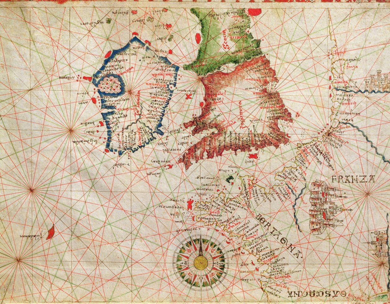 La costa francesa, Inglaterra, Escocia e Irlanda, de un atlas náutico, 1520 (tinta sobre vitela) (detalle) de Giovanni Xenodocus da Corfu