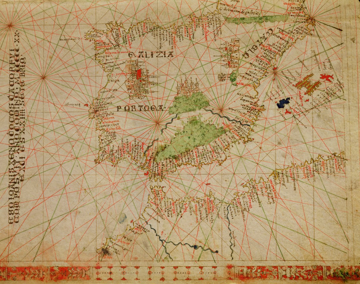 La península ibérica y la costa norte de África, de un atlas náutico, 1520 (detalle) de Giovanni Xenodocus da Corfu
