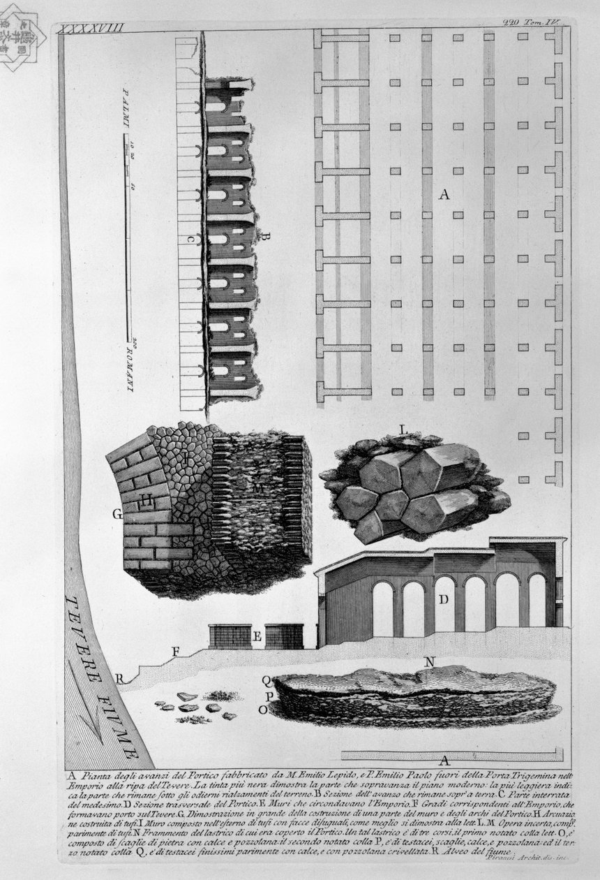 Demostración de los restos del pórtico construido por M. Emilio Lépido y P. Emilio Paulo fuera de la Puerta Trigemina en el Emporio a la orilla del Tíber de Giovanni Battista Piranesi