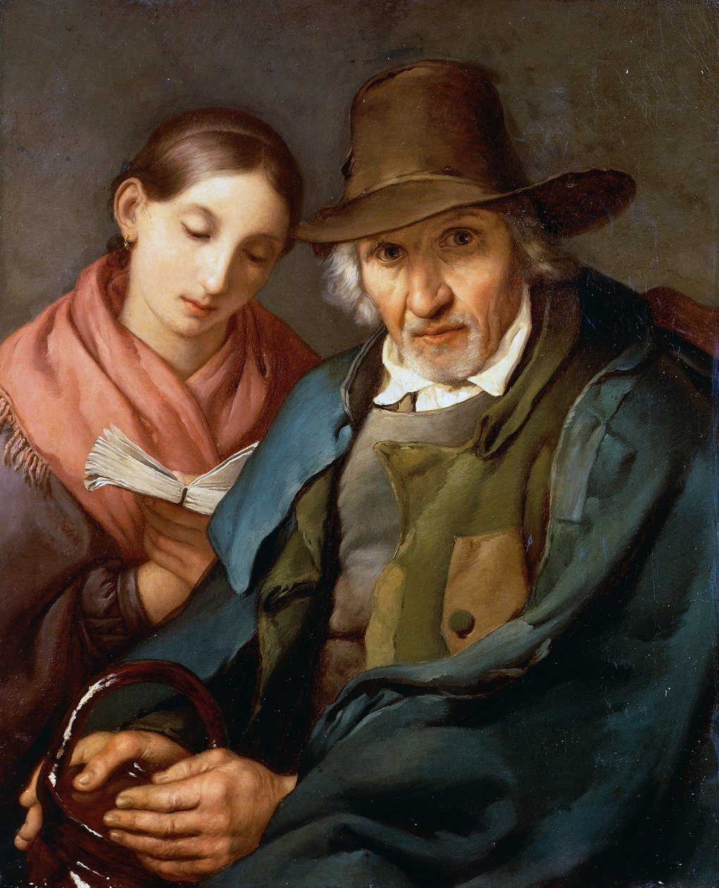 Figura de anciano sentado con un joven plebeyo leyendo un libro de Giovanni Carnovali