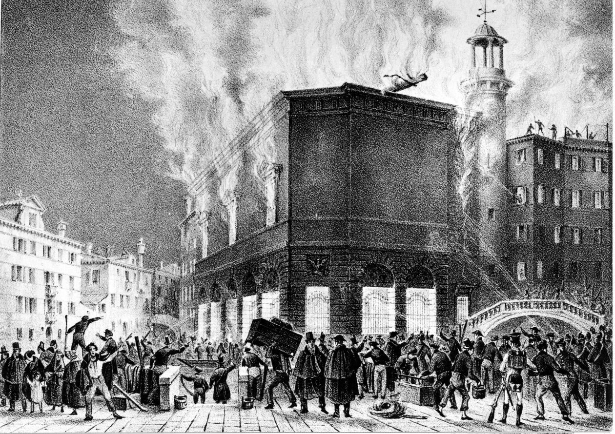 El incendio del teatro de La Fenice en Venecia, en 1836. Grabado de Giovanni Pividor. Milán, Conservatorio G. Verdi de Giovanni (after) Pividor