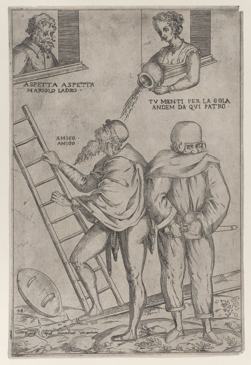 Un hombre sube una escalera mientras una mujer le arroja agua desde arriba, 1575-99 de Giovanni Ambrogio Brambilla