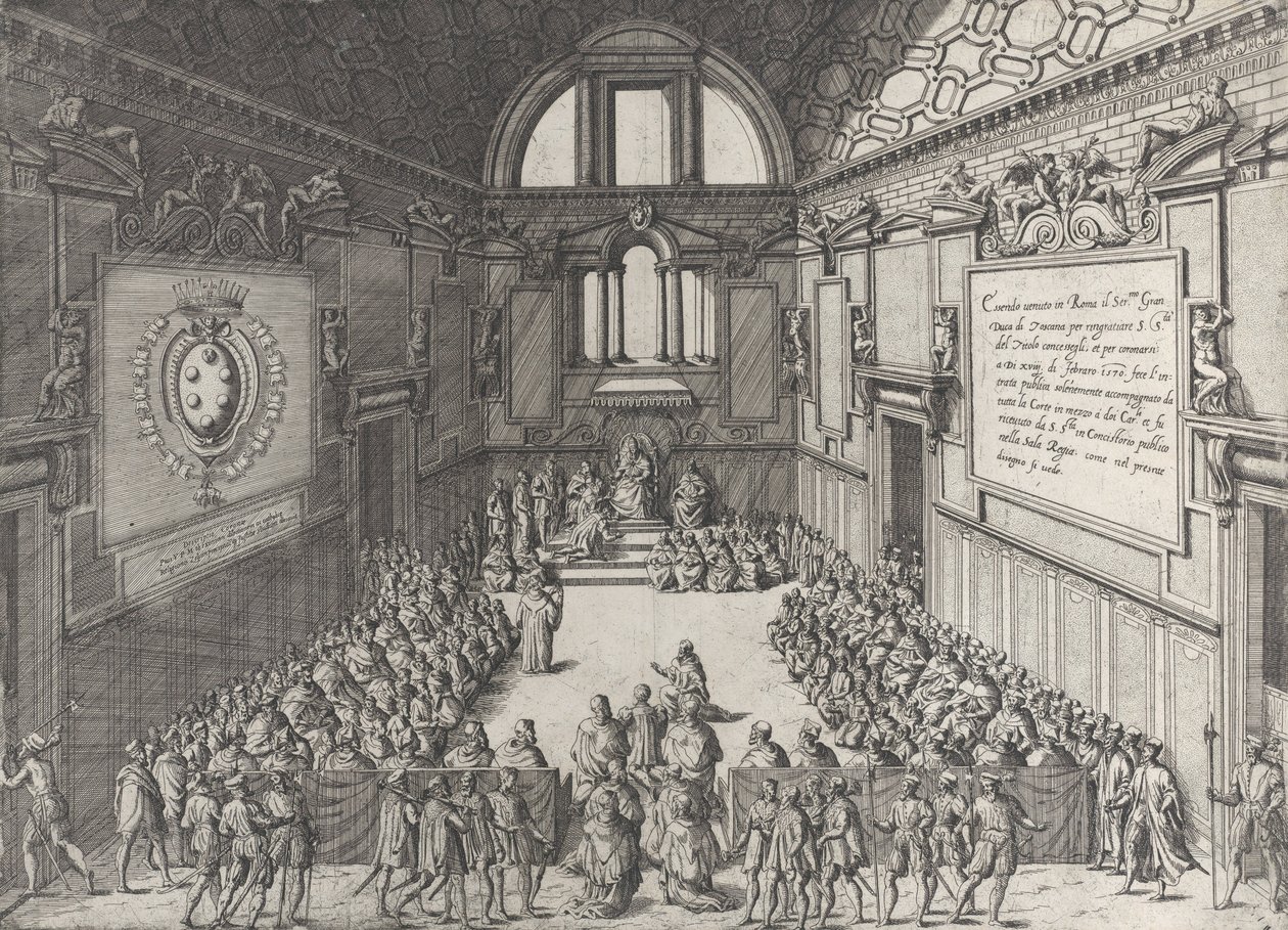 Audiencia dada por el Papa Pío V a Cosme I, Duque de Toscana, 1575-99 de Giovanni Ambrogio Brambilla
