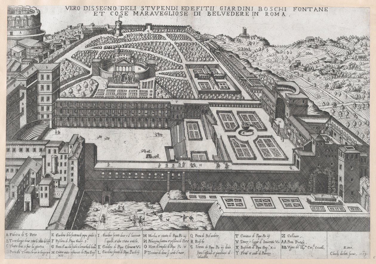 Speculum Romanae Magnificentiae: Vista aérea del Belvedere y sus jardines de Giovanni Ambrogio Brambilla.