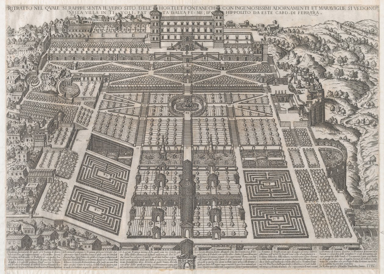 Speculum Romanae Magnificentiae: Palacio y jardines de Tívoli, 1581 de Giovanni Ambrogio Brambilla.