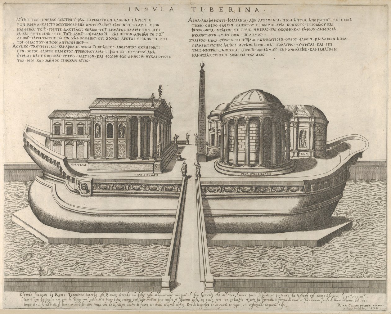 Vista de la Isla Tiberina representada como un barco, el Templo de Esculapio a la izquierda, 1582 de Giovanni Ambrogio Brambilla