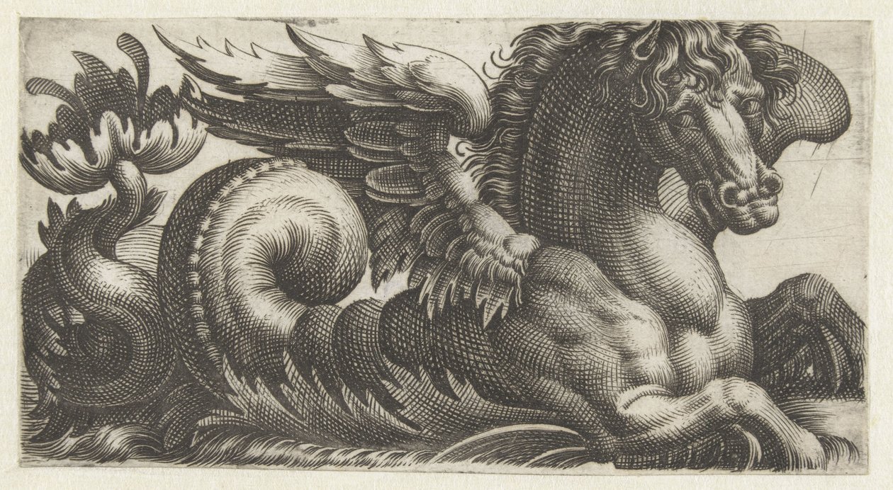 Caballito de mar alado con una hoja abierta al final de la cola de la que sobresalen dos pistilos Frisones con monstruos marinos (título de la serie) de Giovanni Andrea Maglioli