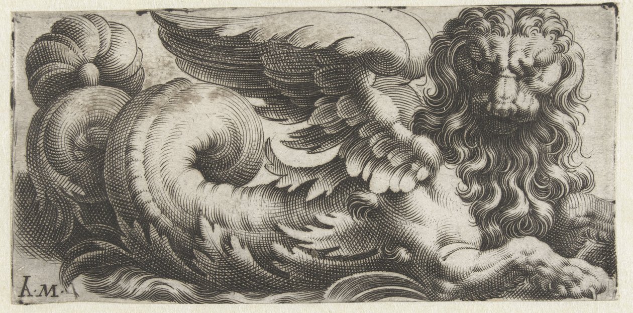 León marino alado con melena ondulada y barba Frisones con monstruos marinos (título de la serie) de Giovanni Andrea Maglioli