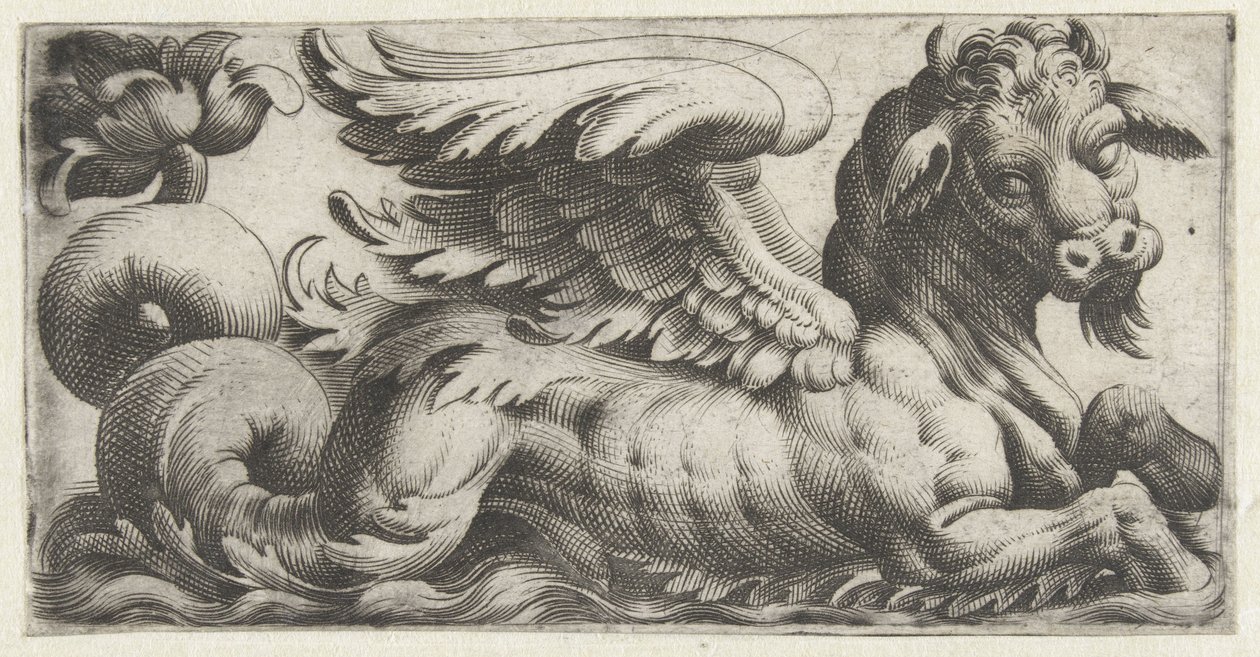Toro marino alado con perilla Frisones con monstruos marinos (título de la serie) de Giovanni Andrea Maglioli