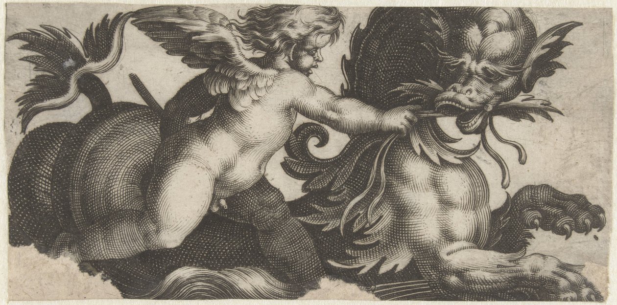 Putto alimenta a un monstruo marino con una hoja Frisones con monstruos marinos (título de la serie) de Giovanni Andrea Maglioli