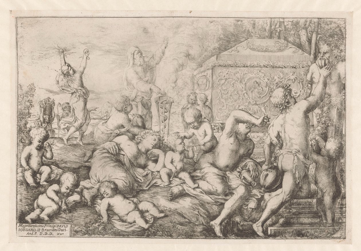 Bacchanal met altaar, faun en Silenus de Giovanni Andrea Podesta