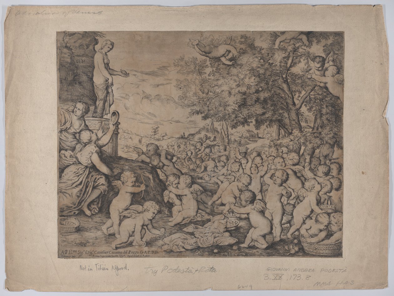 Putti ante una estatua de Venus, después de Tiziano, 1636 de Giovanni Andrea Podesta