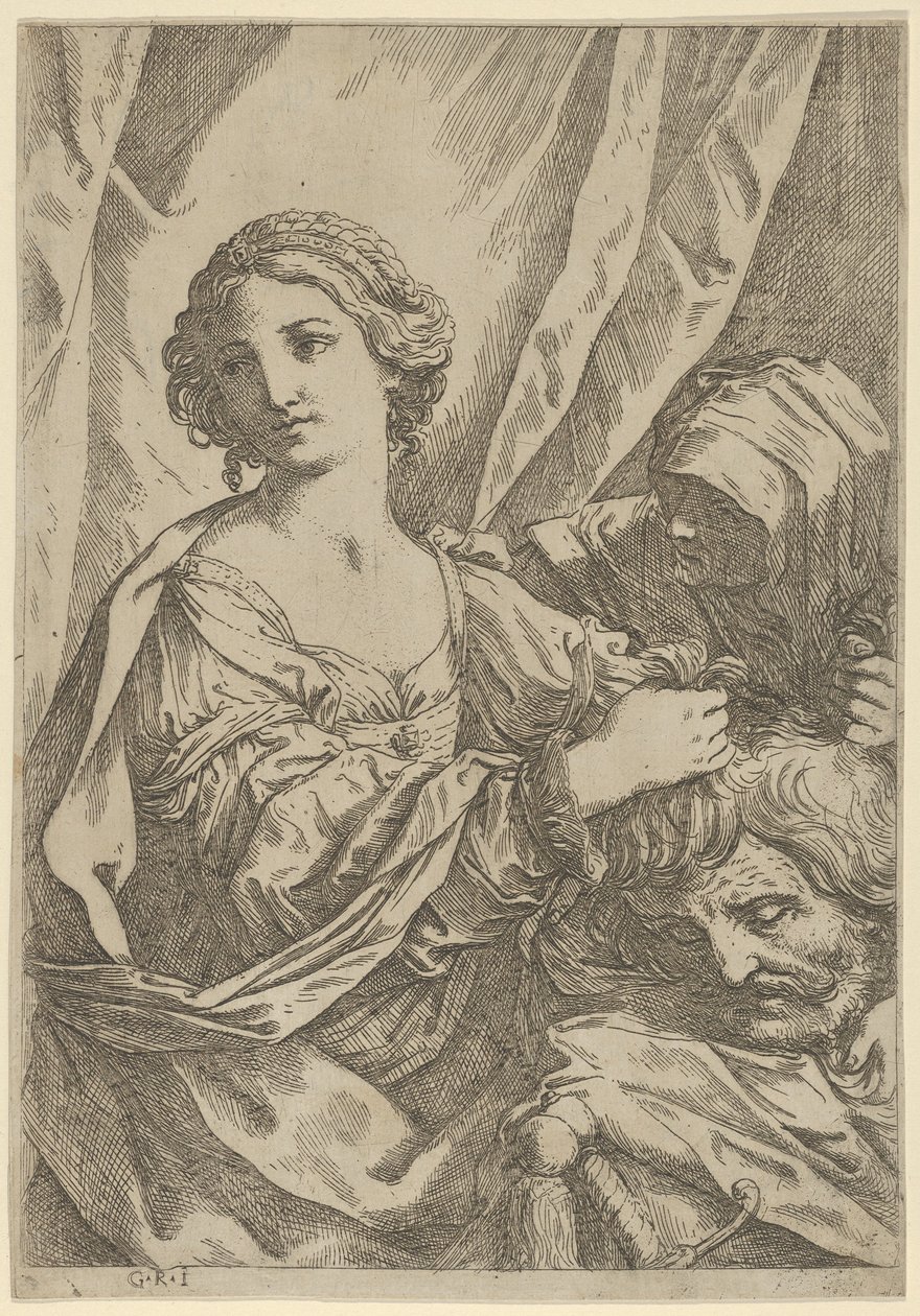 Judith agarrando la cabeza de Holofernes por el cabello y mirando a la izquierda, una anciana, 1600-1640 de Giovanni Andrea Sirani