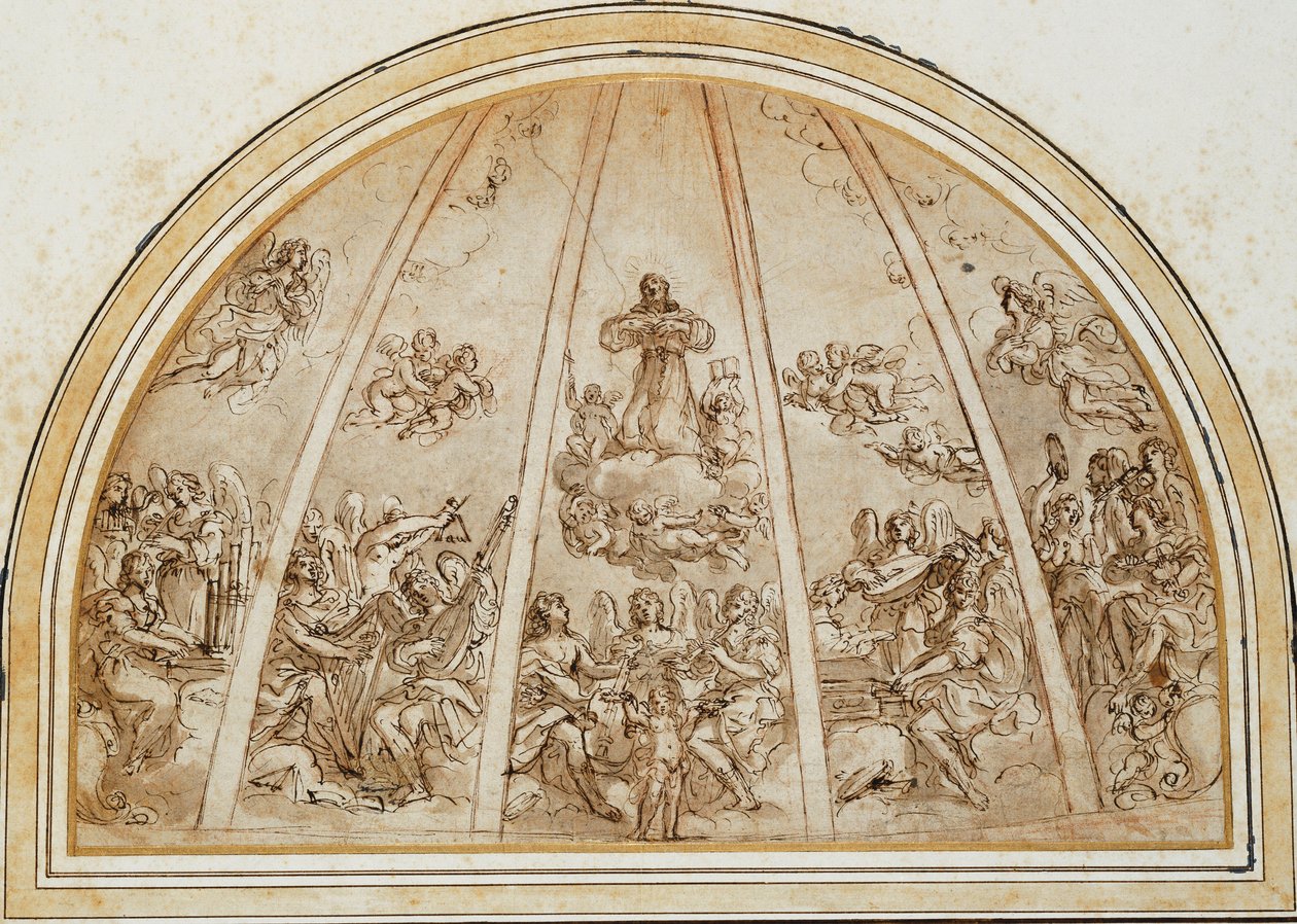 La apoteosis de San Francisco rodeado de ángeles músicos: diseño para un ábside o media cúpula dividida por costillas de Giovanni Andrea Sirani