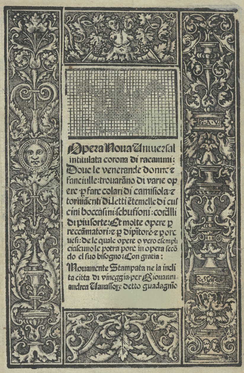 Opera Nova Universali intitulata Corona di racammi, página del título recto de Giovanni Andrea Vavassore