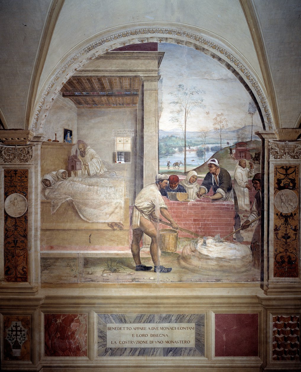 Benedicto aparece a dos monjes y les presenta el proyecto de un monasterio - fresco del claustro hecho por Antonio Bazzi dit il Sodoma (1477 - 1549) relatando la vida de San Benito de Nursia (480 - 567) fundador de la Orden de los Benedictinos 1503 - 1508  de Giovanni Antonio Bazzi Sodoma