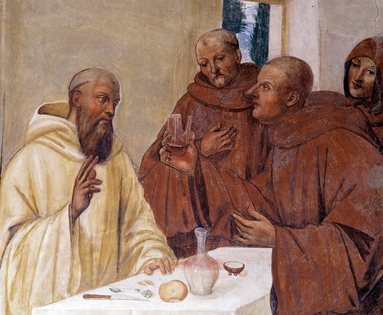 Benedicto rompe un vaso de vino envenenado haciendo la señal de la cruz (detalle) de Giovanni Antonio Bazzi Sodoma