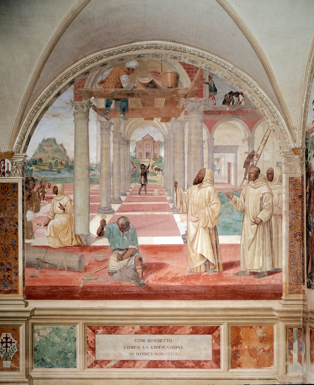 Benedicto construyó doce monasterios fresco del claustro realizado por Antonio Bazzi dit il Sodoma (1477 - 1549) que narra la vida de San Benito de Nursia (480 - 567) fundador de la Orden de Benedictinos 1503 - 1508 Abadía de Monte Oliveto Maggiore, Flor de Giovanni Antonio Bazzi Sodoma