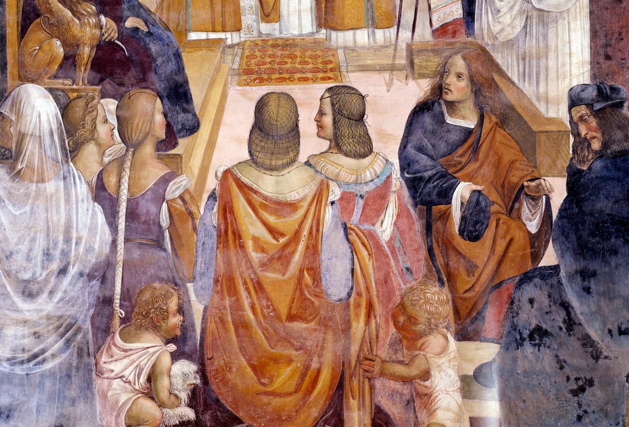 Benedicto excomulga a dos monjas y las absuelve después de su muerte (detalle). Fresco del claustro por Antonio Bazzi (il Sodoma) relatando la vida de San Benito de Nursia (fundador de la Orden Benedictina) 1503-1508 Abadía de Monte Oliveto Maggiore de Giovanni Antonio Bazzi Sodoma