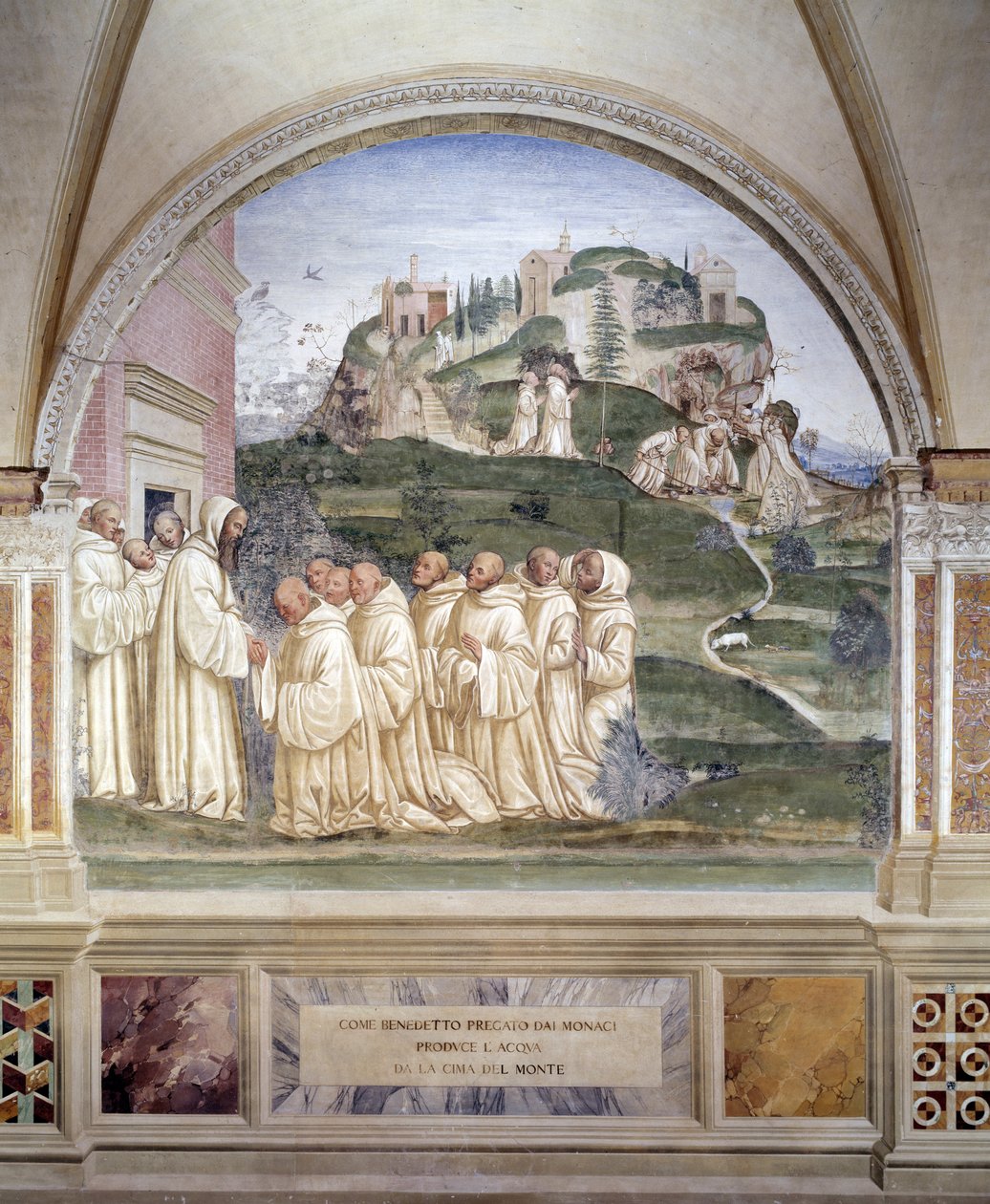 Benedicto hizo brotar una fuente en la cima de la montaña - fresco del claustro hecho por Antonio Bazzi dit il Sodoma (1477 - 1549) relatando la vida de San Benito de Nursia (480 - 567) fundador de la Orden de los Benedictinos 1503 - 1508 Abadía de Monte O de Giovanni Antonio Bazzi Sodoma