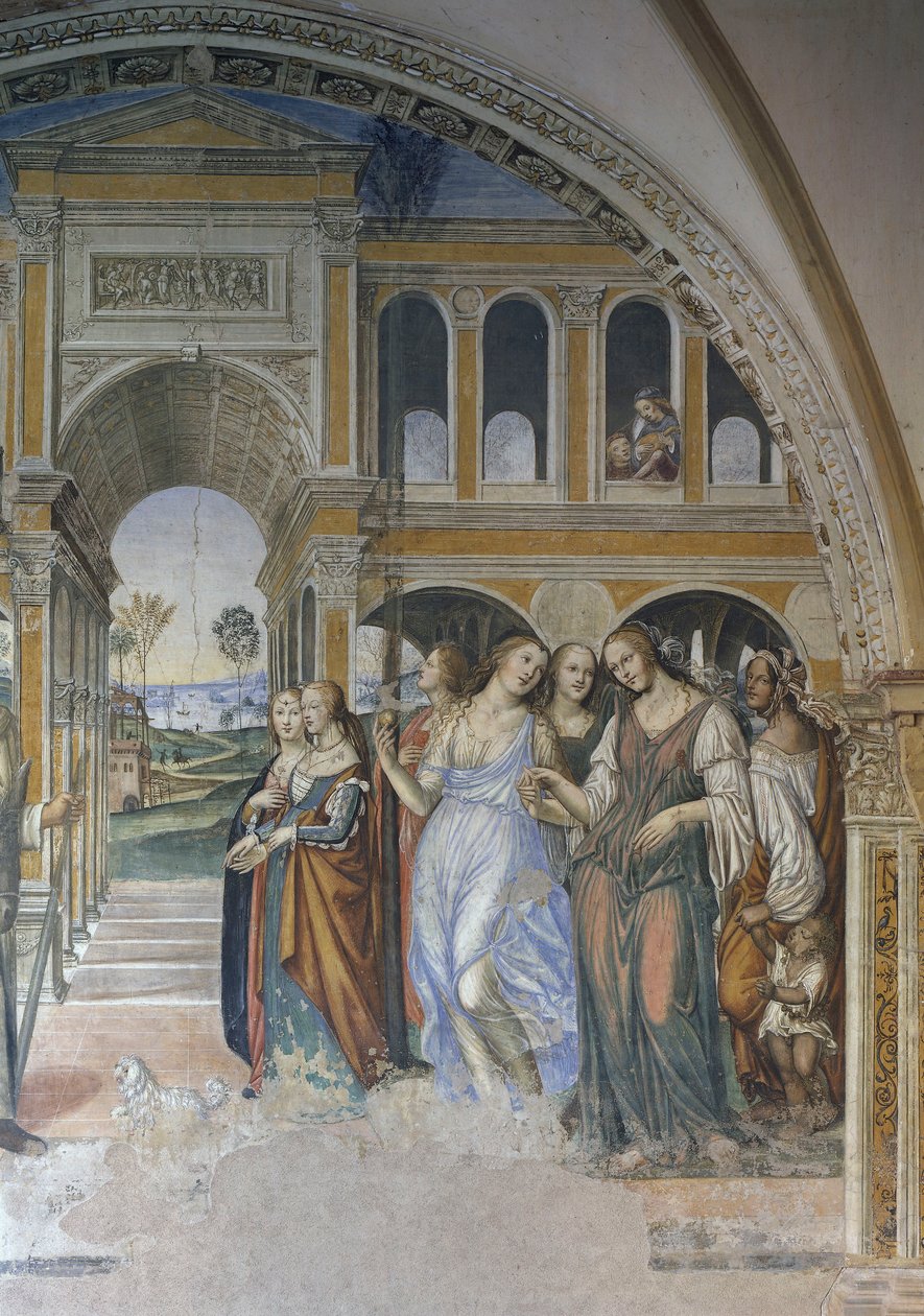 Florentius enviando a las prostitutas al monasterio, escena de la vida de San Benito de Giovanni Antonio Bazzi Sodoma