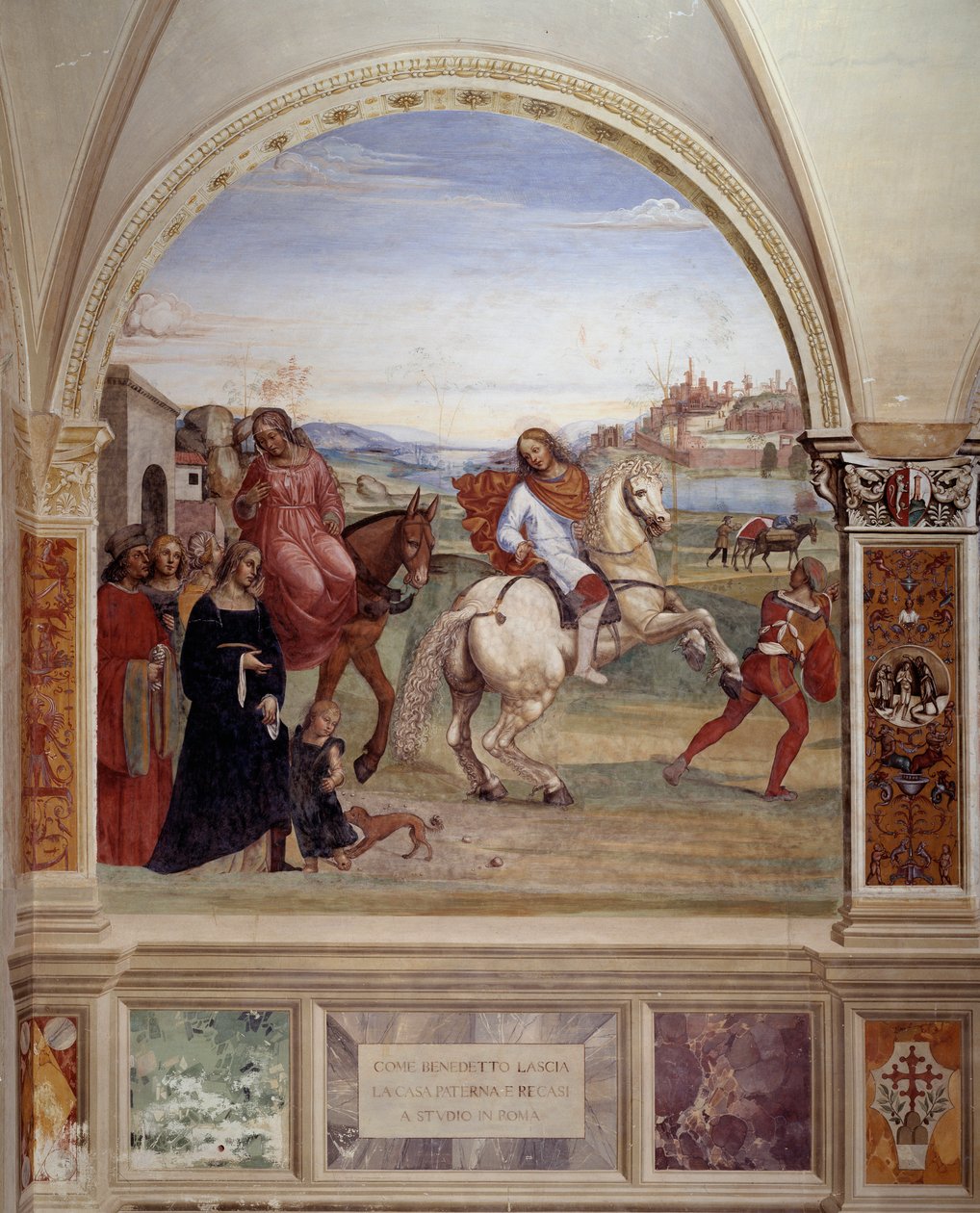 “Cómo Benito dejó la casa de su padre y fue a Roma a estudiar” (detalle) - fresco del claustro hecho por Antonio Bazzi dit il Sodoma (1477-1549) relatando la vida de San Benito de Nursia (480 - 567) fundador de la Orden de los Benedictinos 1503 - 1508 Abad de Giovanni Antonio Bazzi Sodoma