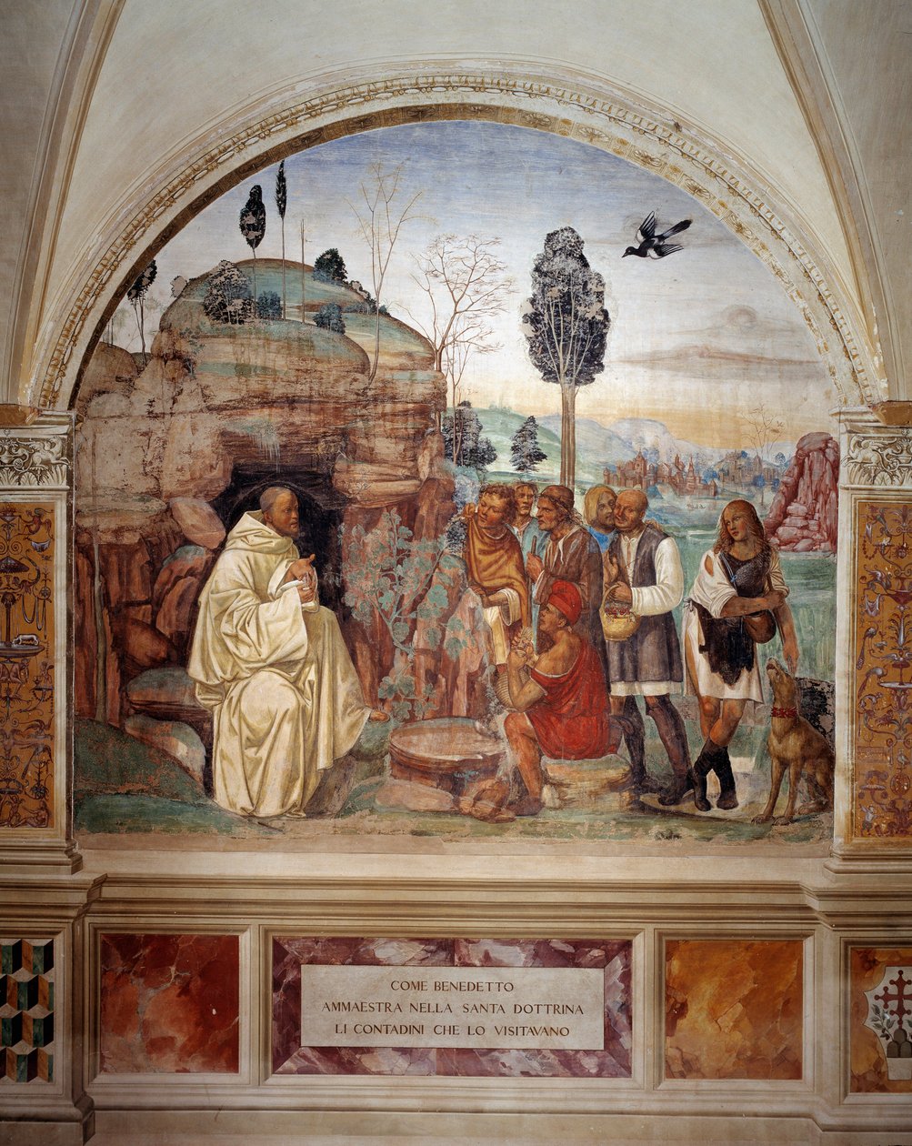 Cómo Benito enseña la doctrina sagrada a los campesinos que lo visitan - fresco del claustro hecho por Antonio Bazzi dit il Sodoma (1477 - 1549) relatando la vida de San Benito de Nursia (480 - 567) fundador de la Orden de los Benedictinos 1503 - 1508 Abad de Giovanni Antonio Bazzi Sodoma