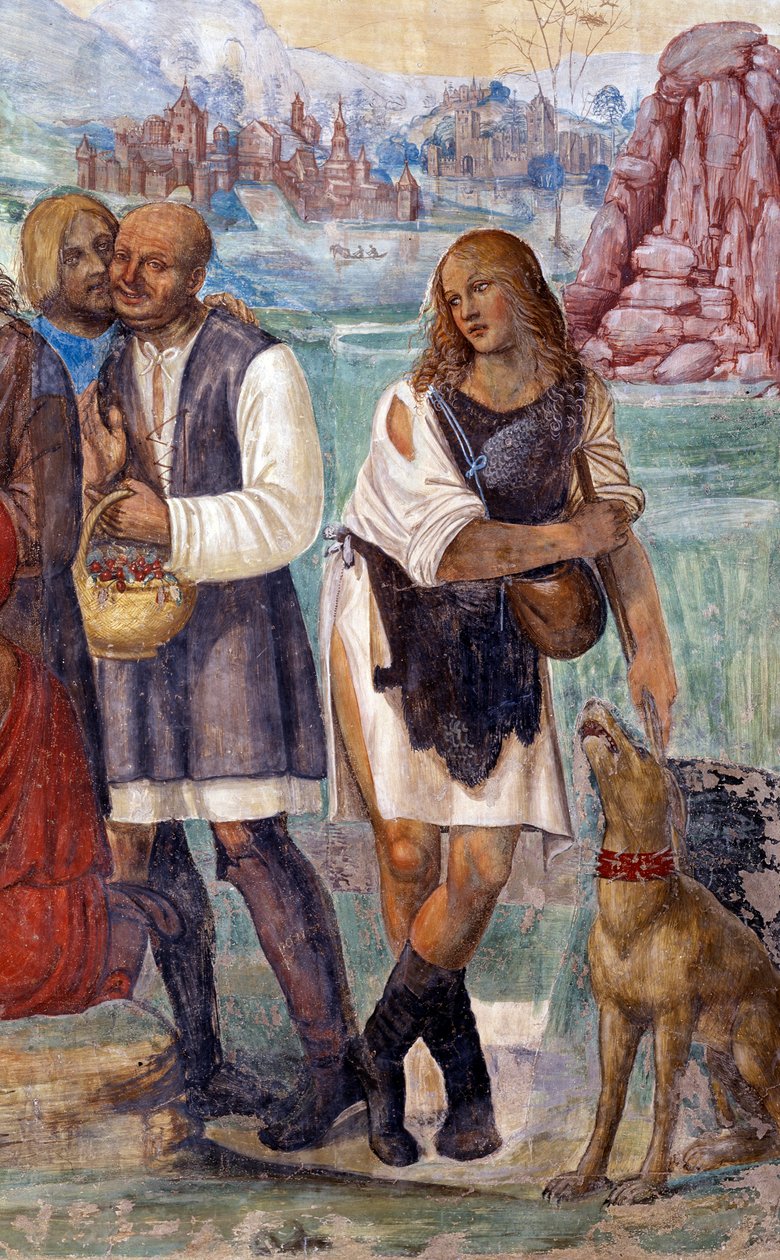 Cómo Benito enseña la doctrina sagrada a los campesinos que lo visitan (detalle) de Giovanni Antonio Bazzi Sodoma