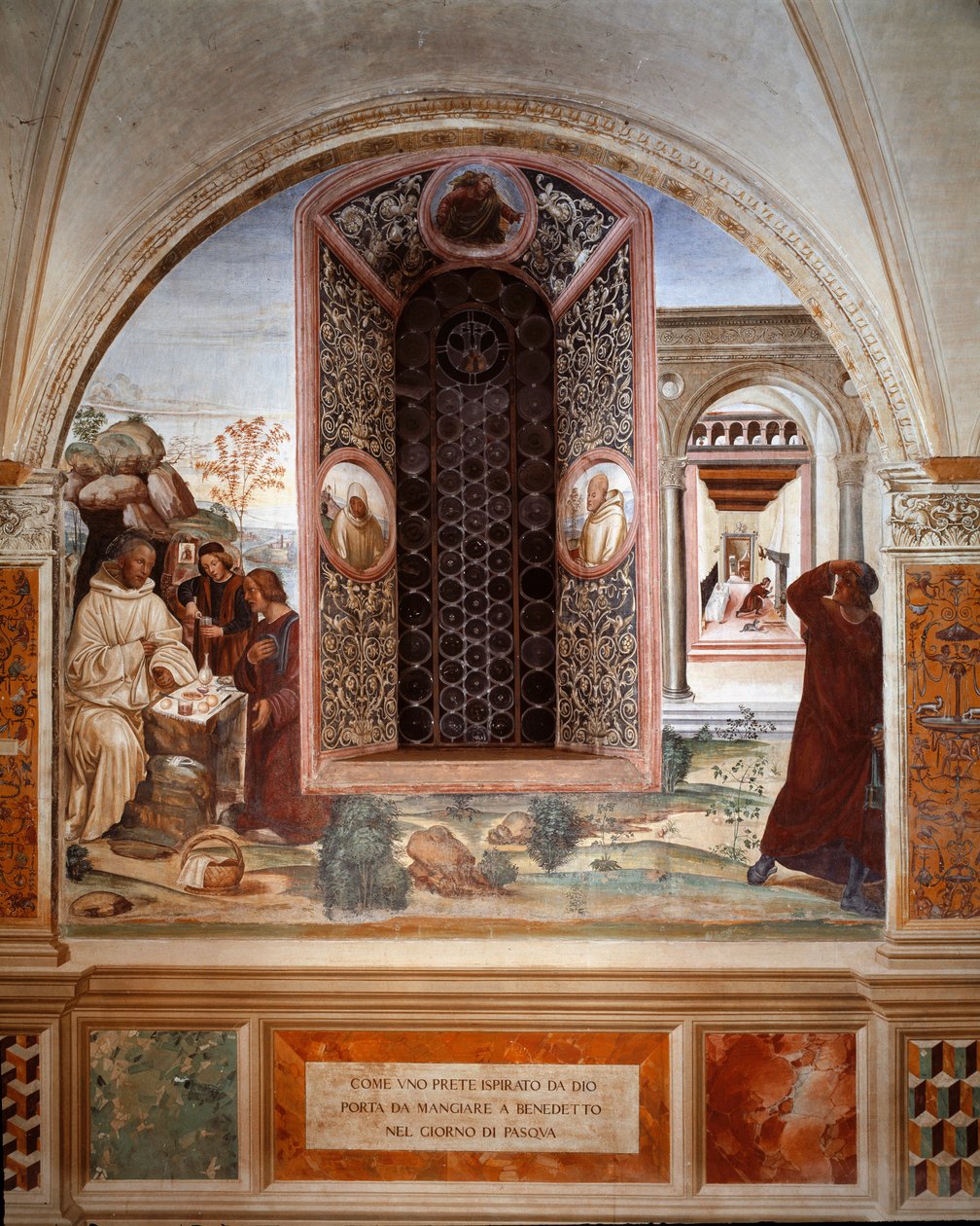 Cómo un sacerdote llevó comida a Benito en Pascua (fresco) de Giovanni Antonio Bazzi Sodoma