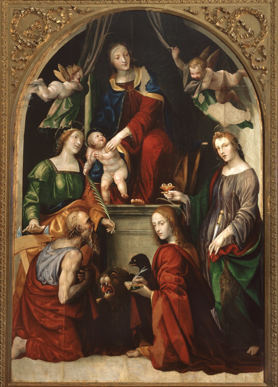 Madonna y Niño y Ángeles entre los santos Jerónimo, Catalina de Alejandría, Lucía y Juan Evangelista, c.1513 de Giovanni Antonio Bazzi Sodoma