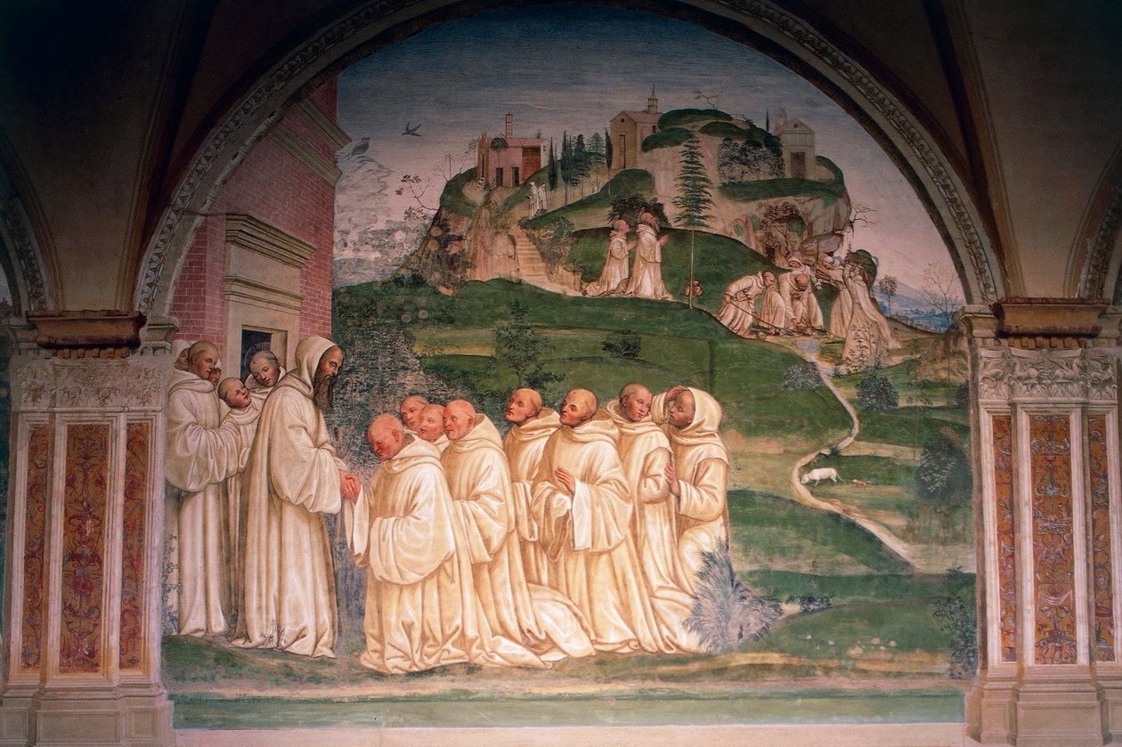San Benito suplicado por monjes, produciendo agua desde la cima de la montaña, escena de Historias de San Benito de Monte Oliveto Maggiore de Giovanni Antonio Bazzi Sodoma