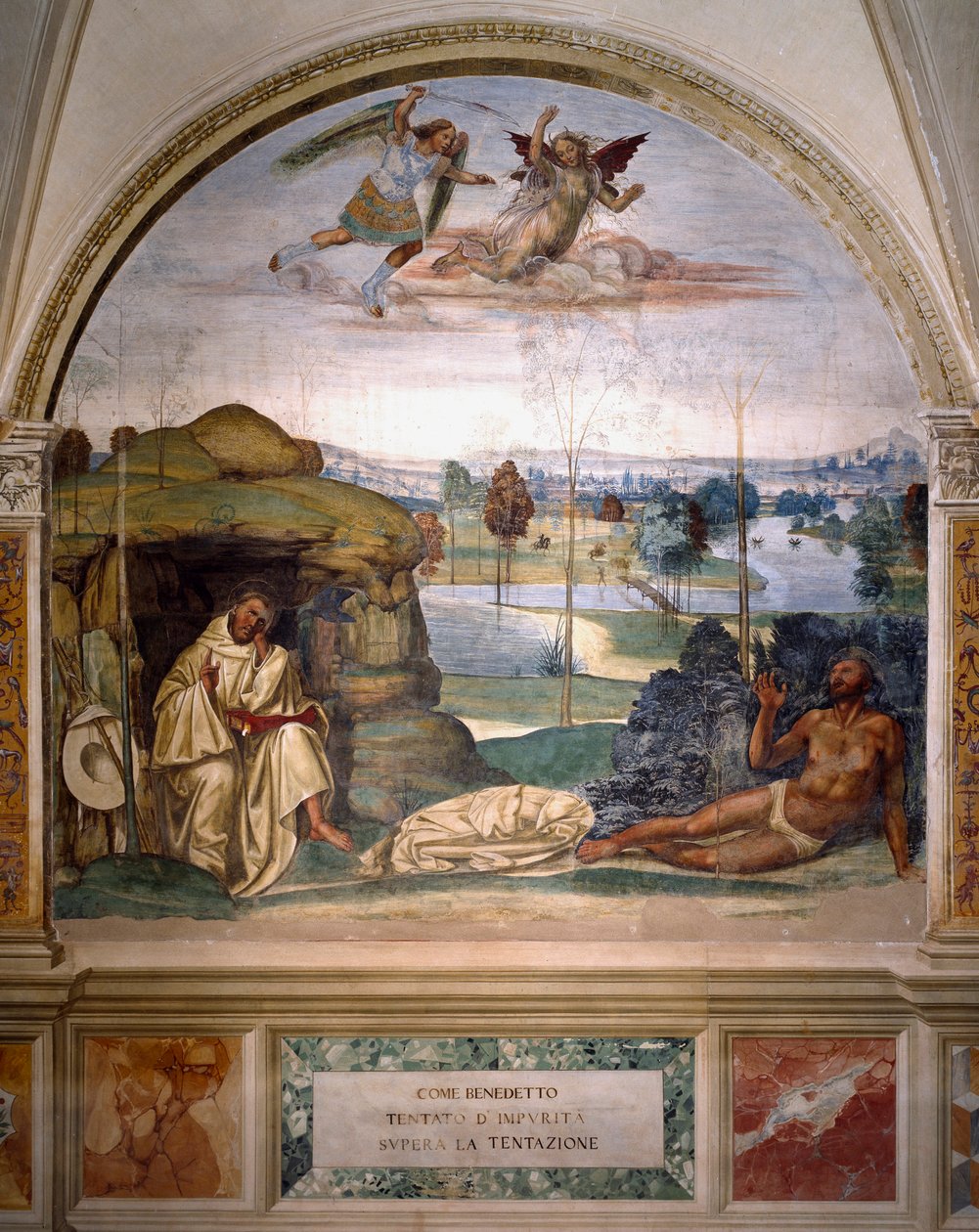 San Benito triunfa sobre la tentación arrojándose desnudo a un arbusto de espinas, mientras un ángel lucha contra el demonio (fresco) de Giovanni Antonio Bazzi Sodoma