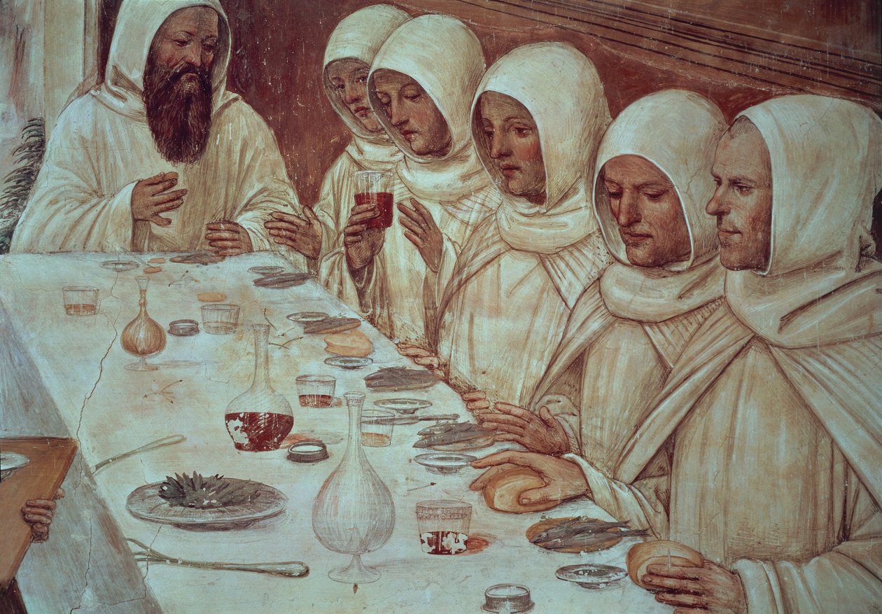 San Benito habiendo obtenido suficiente harina y alimentado a los monjes (detalle) de Giovanni Antonio Bazzi Sodoma
